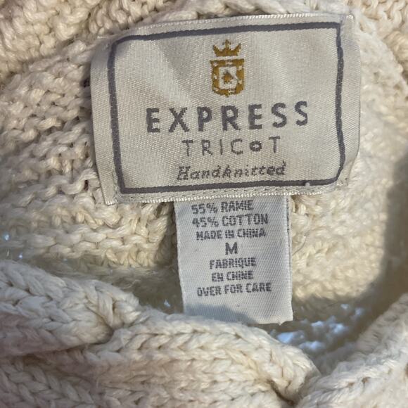 Vtg Express Tricot M Fisherman Sweater Aran Chunky Hand Knit Cream Grandma Core - Picture 7 of 7
